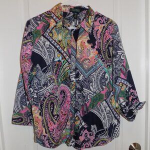 LRL Ralph Lauren Shirt Womens XL Blue Pink Floral Paisley Buttondown 3/4 Sleeve